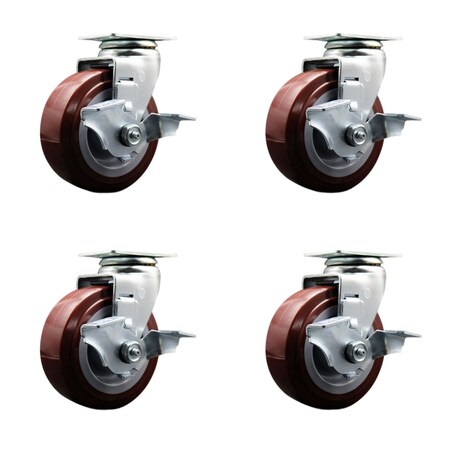 Service Caster 5 Inch Poly on Polyolefin Swivel Caster Set with Roller Bearings and Brakes SCC SCC-20S520-PPUR-TLB-4